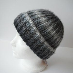 Hand Knitted Hat Toque Adult Size - S Acrylic Black/Gray - 032. Hand knit by me
